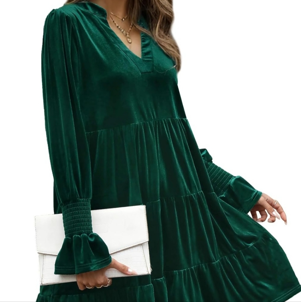 Forest green Velvet long sleeve baby doll dress